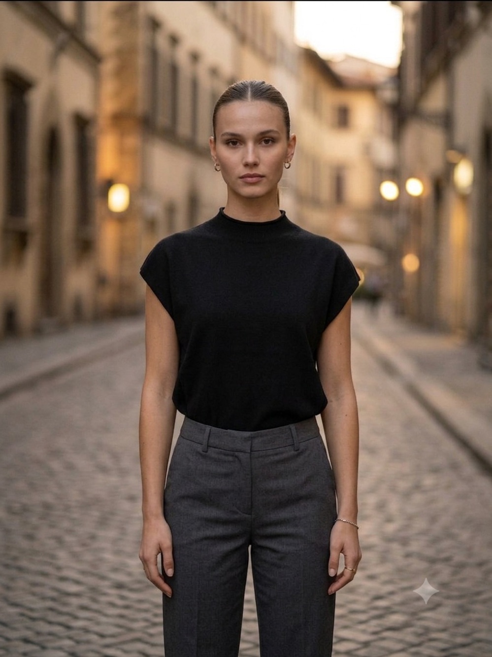 Women's Black Cap-Sleeve Knit Top with Mock Neck